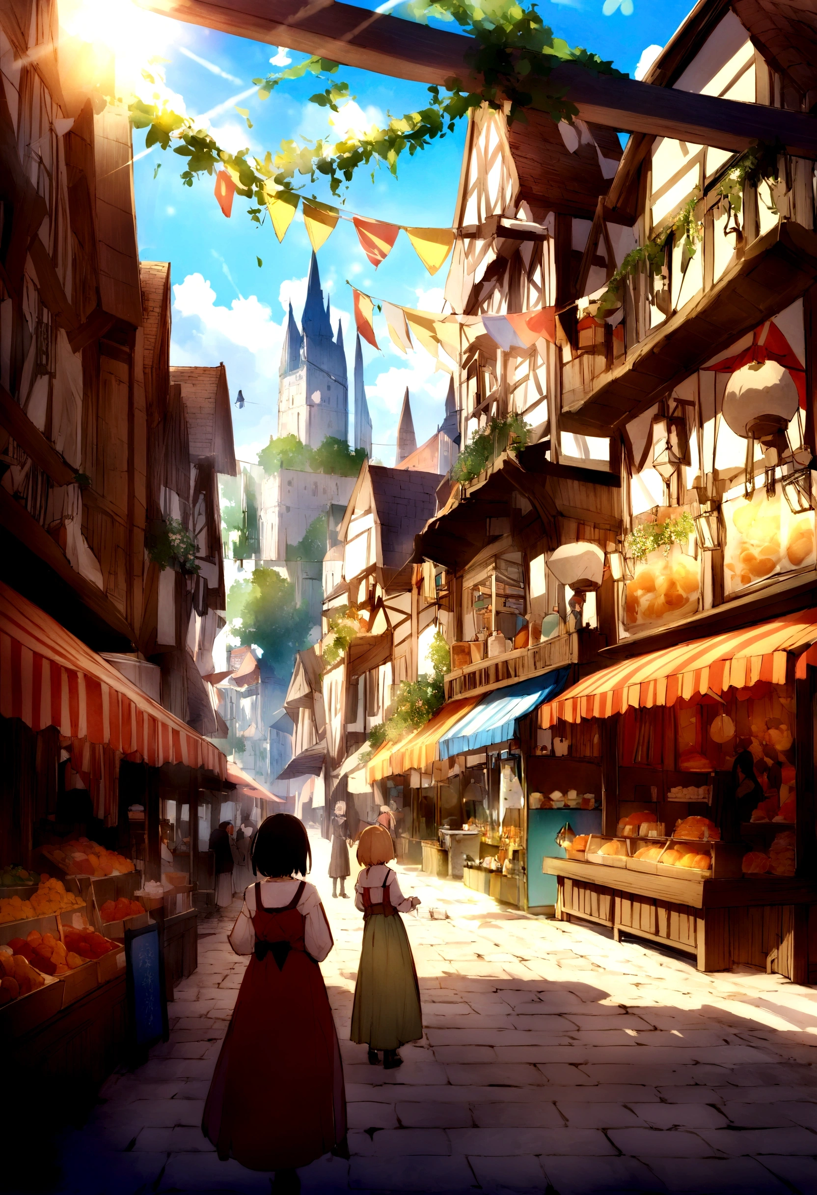 ((((masterpiece, Best Quality, High resolution)))), High detail, manga,anime,Illustrated style,Use of bright colors,Ghibli Studio「Howl's Moving Castle」The colors are like those used in daytime scenes.,Medieval European fantasy worldview, Christmas Market Square during the day, Festival scene in the square, There is a beautiful fountain in the center、Sparkling water gushes out in the sunlight., Large space, Bustling food stalls,Many food stalls are lined up,There aren't many people,人の着ている服はGhibli Studioの魔女の宅急便のような雰囲気, RPG-like scenery, Colorful tent stalls.Delicious food is on sale, The sky is bright blue、Fluffy white clouds floating, And the sun is shining brightly, Create a magical and cozy atmosphere.
