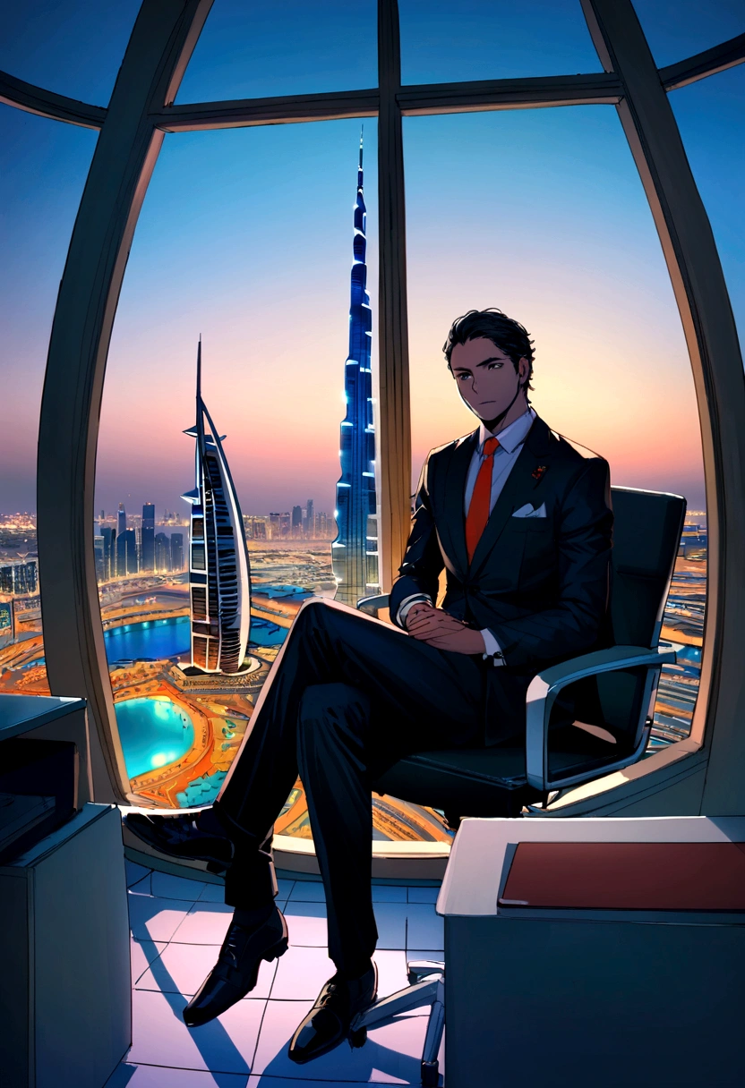 Businessman in suit, Real Stick, sitting at his desk, The window behind him, A beautiful backdrop of Dubai, Look straight into the lens
