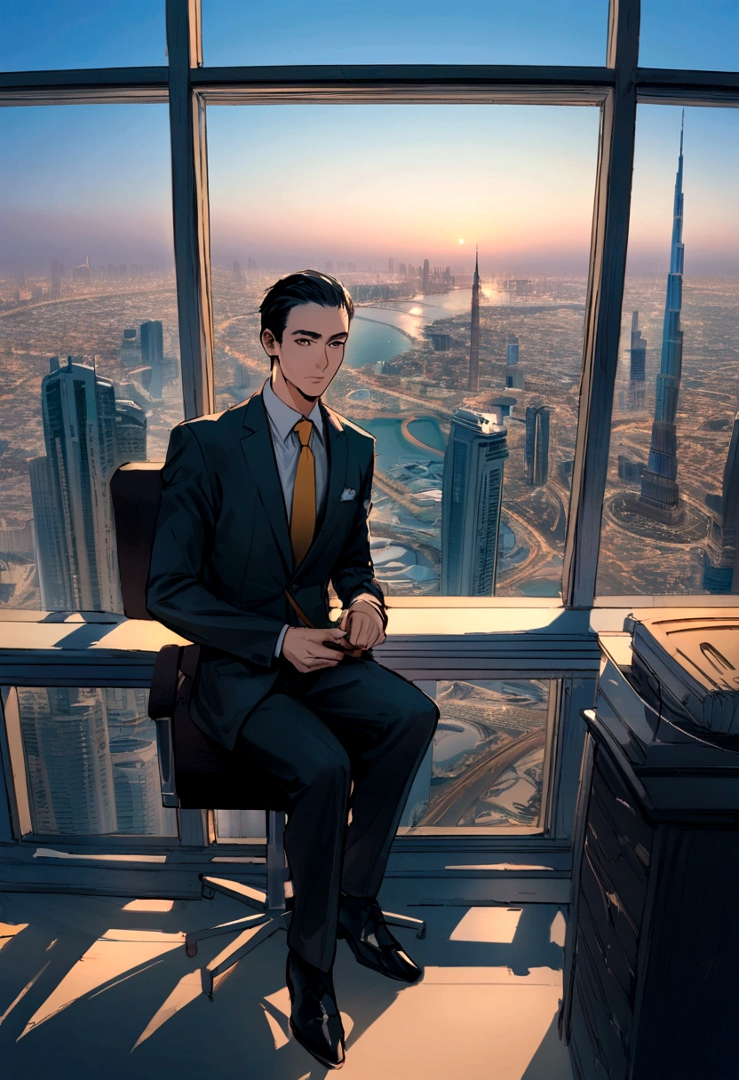 Businessman in suit, Real Stick, sitting at his desk, The window behind him, A beautiful backdrop of Dubai, Look straight into the lens
