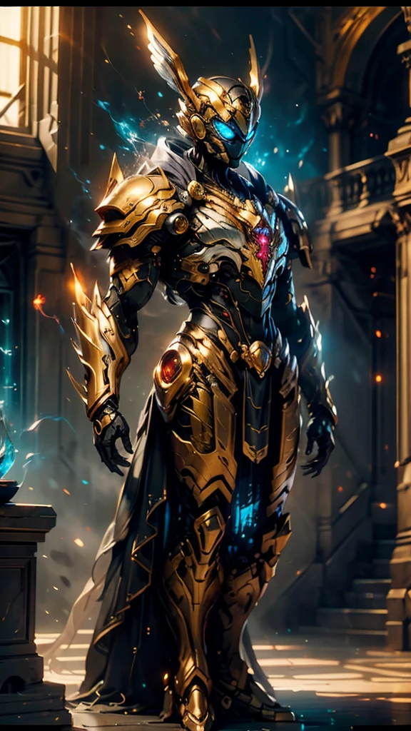 A woman adorned in fantasy-style full-body armor, a crown-concept fully enclosed helmet that unveils only her eyes, a composite layered chest plate, fully encompassing shoulder and hand guards, a lightweight waist armor, form-fitting shin guards, the overall design is heavy-duty yet flexible, (the armor gleams with a golden glow, complemented by red and blue accents), exhibiting a noble aura, she floats above a fantasy-surreal high-tech city, this character embodies a finely crafted fantasy-surreal style armored hero in anime style, exquisite and mature manga art style, (mixture of Queen bee and Spider concept Armor, plasma), ((Element, elegant, goddess, femminine:1.5)), metallic, high definition, best quality, highres, ultra-detailed, ultra-fine painting, extremely delicate, professional, anatomically correct, symmetrical face, extremely detailed eyes and face, high quality eyes, creativity, RAW photo, UHD, 32k, Natural light, cinematic lighting, masterpiece-anatomy-perfect, masterpiece:1.5