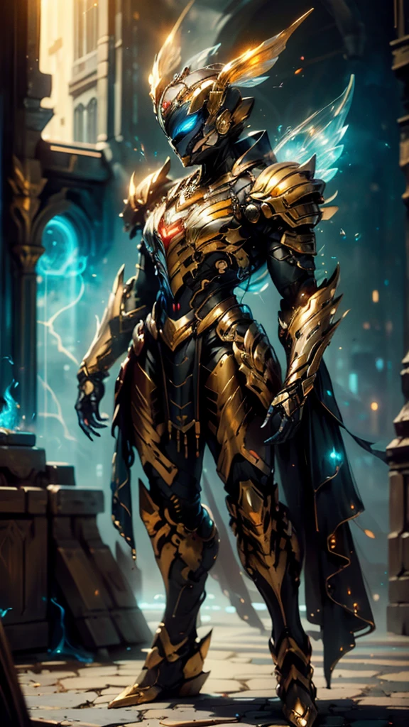 A woman adorned in fantasy-style full-body armor, a crown-concept fully enclosed helmet that unveils only her eyes, a composite layered chest plate, fully encompassing shoulder and hand guards, a lightweight waist armor, form-fitting shin guards, the overall design is heavy-duty yet flexible, (the armor gleams with a golden glow, complemented by red and blue accents), exhibiting a noble aura, she floats above a fantasy-surreal high-tech city, this character embodies a finely crafted fantasy-surreal style armored hero in anime style, exquisite and mature manga art style, (mixture of Queen bee and Spider concept Armor, plasma), ((Element, elegant, goddess, femminine:1.5)), metallic, high definition, best quality, highres, ultra-detailed, ultra-fine painting, extremely delicate, professional, anatomically correct, symmetrical face, extremely detailed eyes and face, high quality eyes, creativity, RAW photo, UHD, 32k, Natural light, cinematic lighting, masterpiece-anatomy-perfect, masterpiece:1.5