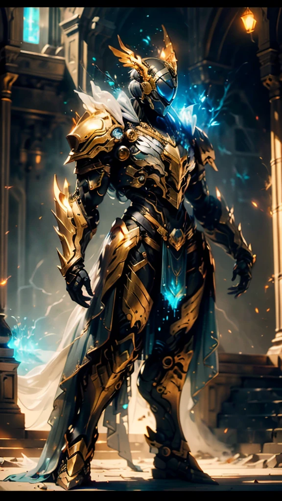 A woman adorned in fantasy-style full-body armor, a crown-concept fully enclosed helmet that unveils only her eyes, a composite layered chest plate, fully encompassing shoulder and hand guards, a lightweight waist armor, form-fitting shin guards, the overall design is heavy-duty yet flexible, (the armor gleams with a golden glow, complemented by red and blue accents), exhibiting a noble aura, she floats above a fantasy-surreal high-tech city, this character embodies a finely crafted fantasy-surreal style armored hero in anime style, exquisite and mature manga art style, (mixture of Queen bee and Spider concept Armor, plasma), ((Element, elegant, goddess, femminine:1.5)), metallic, high definition, best quality, highres, ultra-detailed, ultra-fine painting, extremely delicate, professional, anatomically correct, symmetrical face, extremely detailed eyes and face, high quality eyes, creativity, RAW photo, UHD, 32k, Natural light, cinematic lighting, masterpiece-anatomy-perfect, masterpiece:1.5