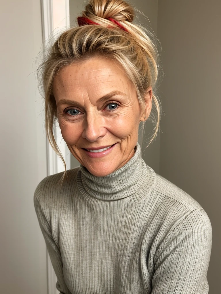 photo of a skinny very old wrinkly-faced faced mature blonde messy long hair thrown into a messy bun ponytail. She wears: (turtleneck soft high ribbed red super tight sweater:1.1), submissive seductive pose, high tight ribbed neck, seductive smile, perfect fake tits, horny eager granny, teasing sexy old lady