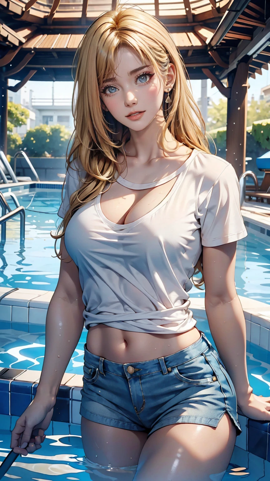 Create a photo-realistic young woman with blonde hair (Shoulder length), blue eyes and big breasts. She is wearing a white T-shirt, Round neck, Long Fit、Short sleeve, No bra, She also、She is wearing a unicolor black cotton miniskirt. She climbs out of the pool, soaked. The T-shirt fits snugly to the body.、A little transparent. whole body, Wide-angle shot.
