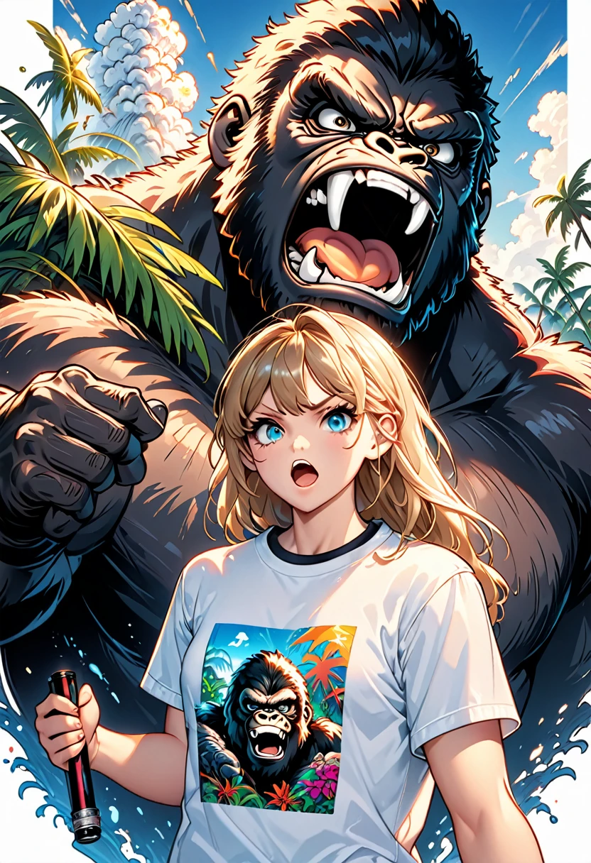 (((a sticker))), (((white background))),splash art, intricately detailed t-shirt design ready for print , 2d, ONE angry wild shouting furious  HUGE KING KONG in foreground, Jungle sunset at the background, vibe detailed design for streetwear and urban style t-shirts design, pro vector, (cel-shading style:1.3), inkpunk, (ink lines:1.1), strong outlines, bold traces, high contrast, (cel-shaded:1.1), vector, 32k resolution, best quality, flat lights,vector t-shirt art ready for print, intricate rich extremely complex ornaments illustration, extremely detailed and complex illustration, high detail, clean lines style, intricate high details, (((white plain background)))