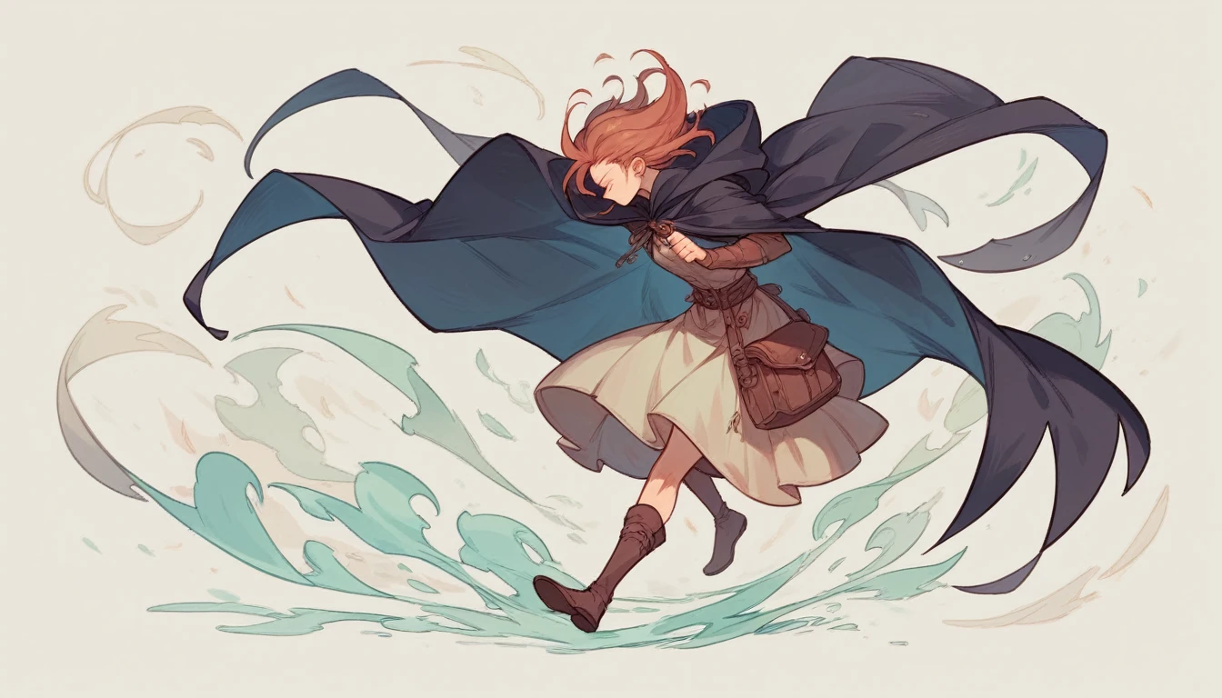 woman full length, faceing front, dressed in cloak, the cloak flutters in the wind