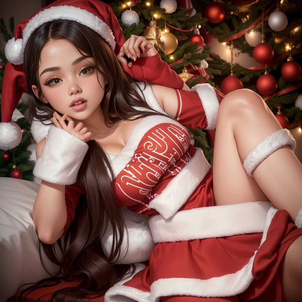 a woman in a Santa Claus outfit poses for a photo in front of a Christmas tree, Anna Nikonova aka newmilky, retrato sophie mudd, elfo adolescente girl, Wearing a Santa Claus hat, wearing santa claus hat, Anastasia Ovchinnikova, Anna Nikonova, elfo adolescente, imagem de perfil, Alina Ivanchenko, Isabela Moner, violeta myers, angelina stroganova