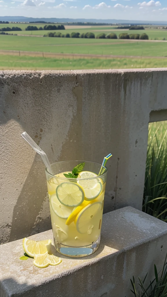 a glass of lemon water , kept on a wall , a grassland in background 