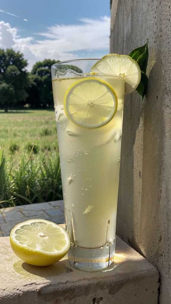 a glass of lemon water , kept on a wall , a grassland in background