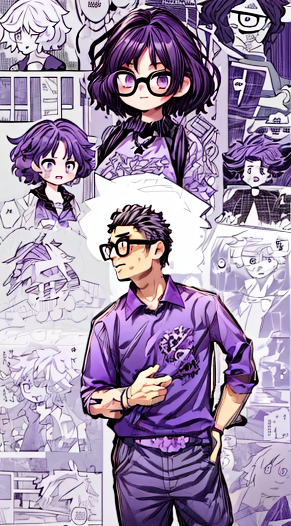 man, curly hair, glasses, purple shirt, Manga Background