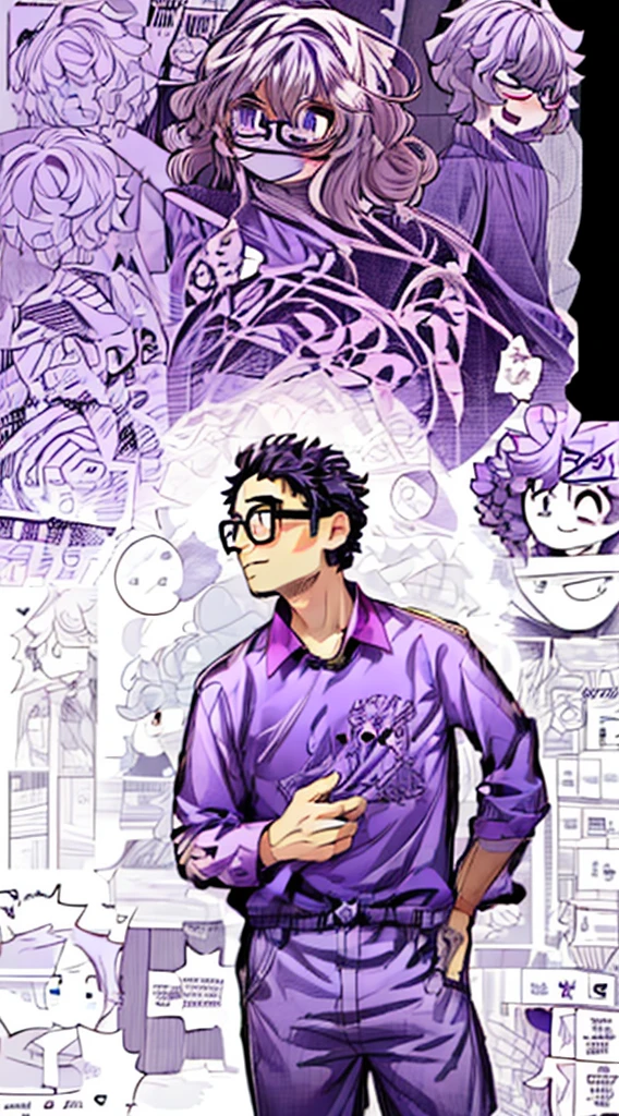 man, curly hair, glasses, purple shirt, Manga Background