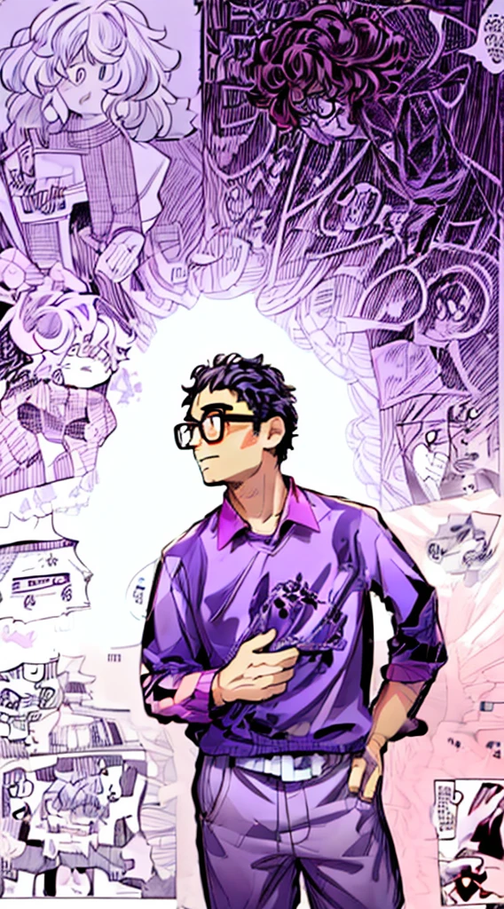 man, curly hair, glasses, purple shirt, Manga Background