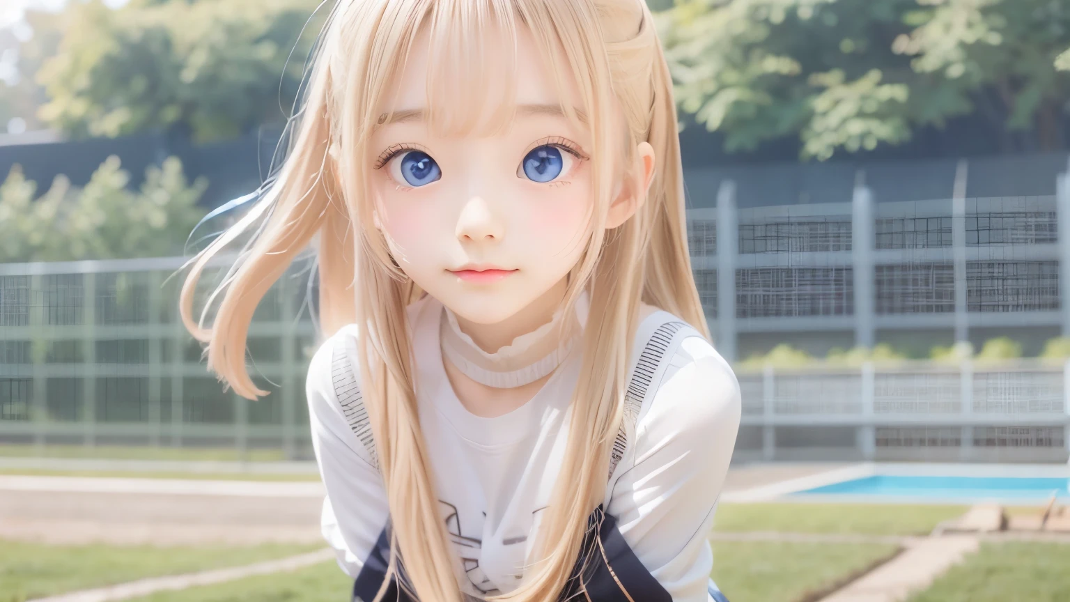 cute face, masterpiece, Highest quality, One girl, alone, , Quarter Japanese, Blonde Hair, Long Hair, Purple eyes, Side-parted bangs, Short bangs, Medium chest, Play sports often, Bloomers, Outdoor, Athletics, Conceit