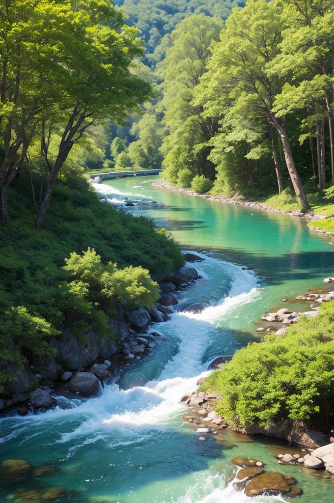 Create a landscape with lots of trees and a beautiful crystal-clear river 
