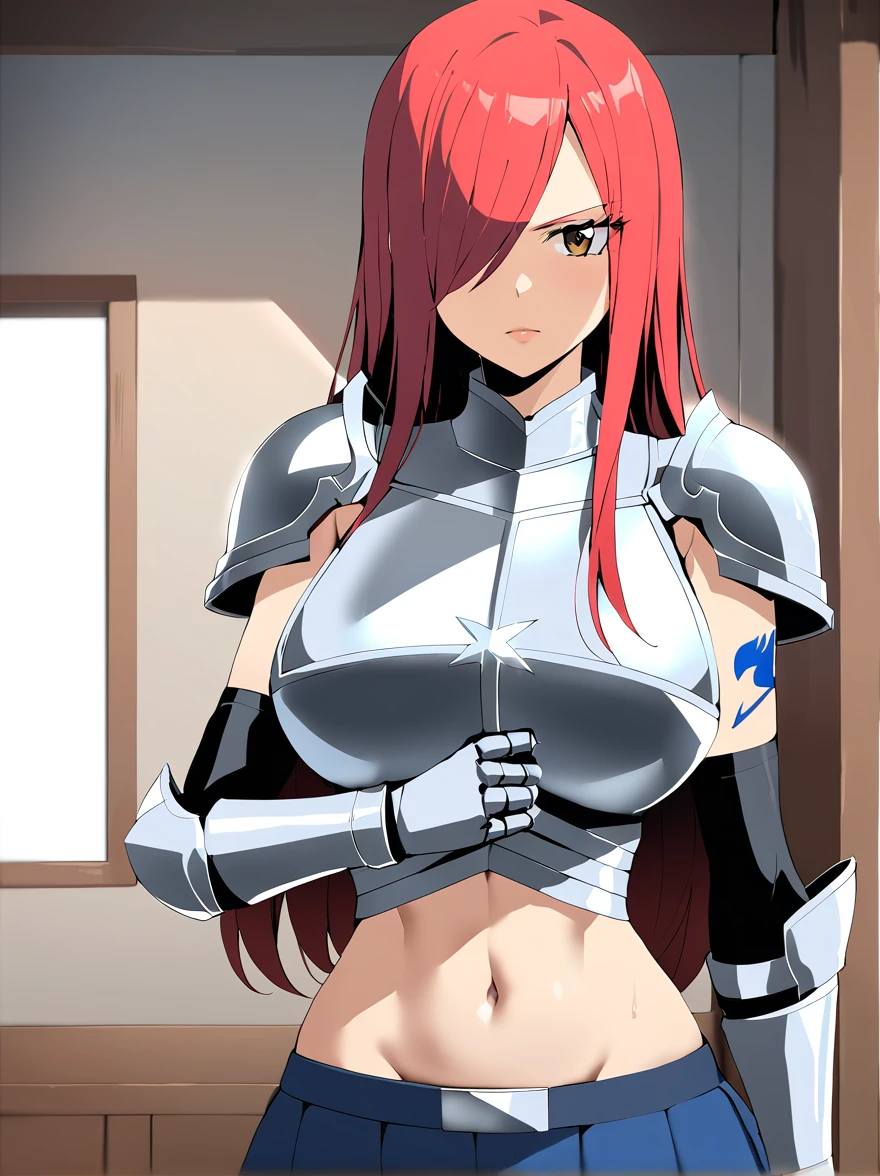 Erza, brown eyes, pauldrons,blue skirt, tattoo, gloves, breastplate, 1girl, gauntlets, belt,pleated skirt, , red hair, shoulder armor, looking at viewer, ,masterpiece, best quality,animerza, upper body, highres, room, big breasts, navel, indoors, hair over one eye,
