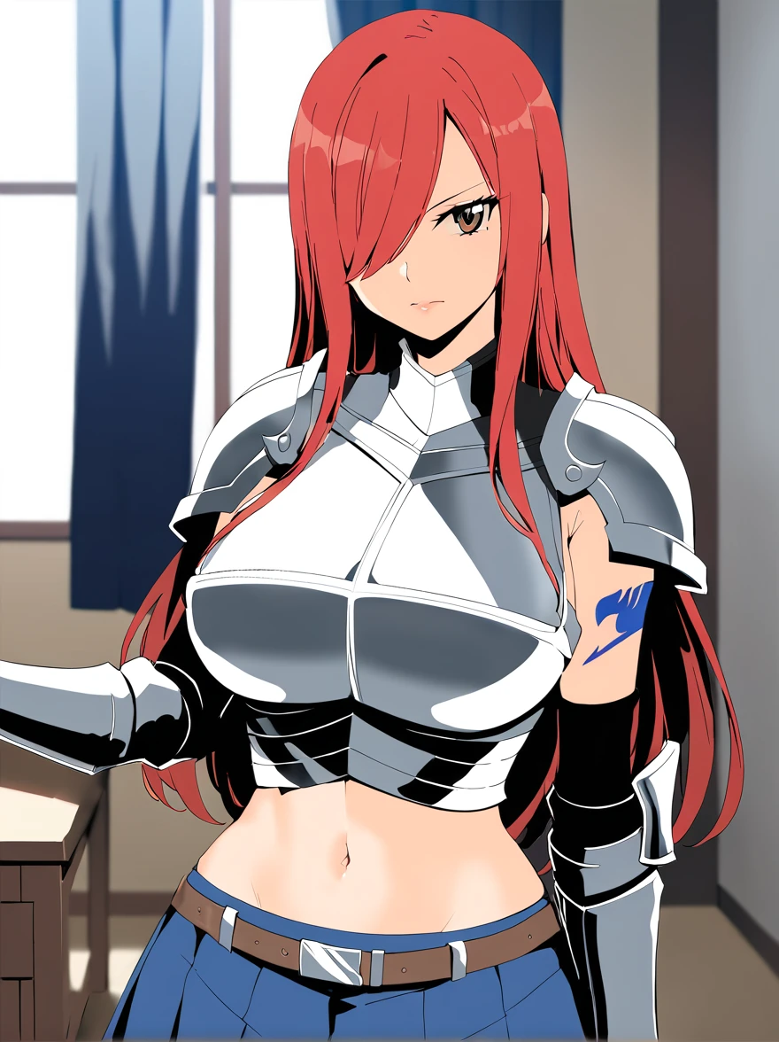 Erza, brown eyes, pauldrons,blue skirt, tattoo, gloves, breastplate, 1girl, gauntlets, belt,pleated skirt, , red hair, shoulder armor, looking at viewer, ,masterpiece, best quality,animerza, upper body, highres, room, big breasts, navel, indoors, hair over one eye,