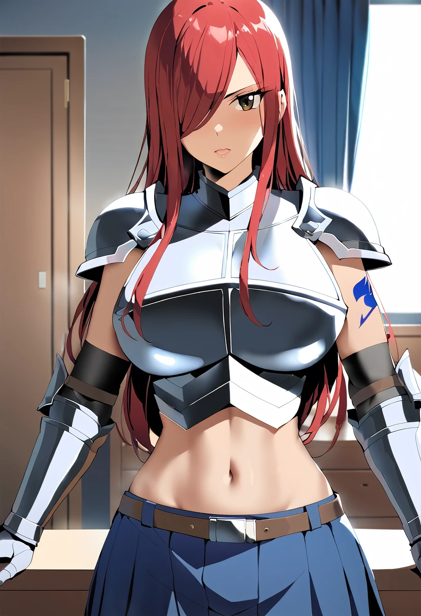Erza, brown eyes, pauldrons,blue skirt, tattoo, gloves, breastplate, 1girl, gauntlets, belt,pleated skirt, , red hair, shoulder armor, looking at viewer, ,masterpiece, best quality,animerza, upper body, highres, room, big breasts, navel, indoors, hair over one eye,