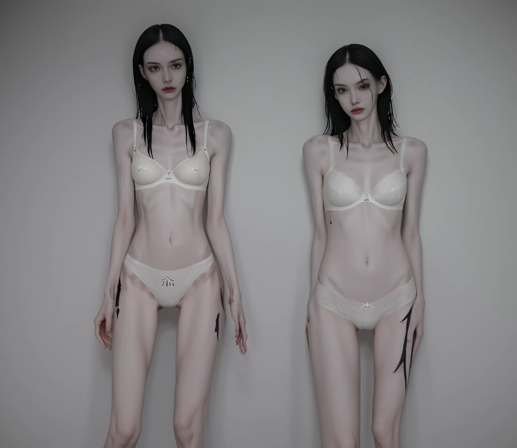 a woman , very thin body, body visible bones, very slender, sweaty wet body, pale white skin, panties, bra,tatto, full body, has a mental breakdown in an underground prison