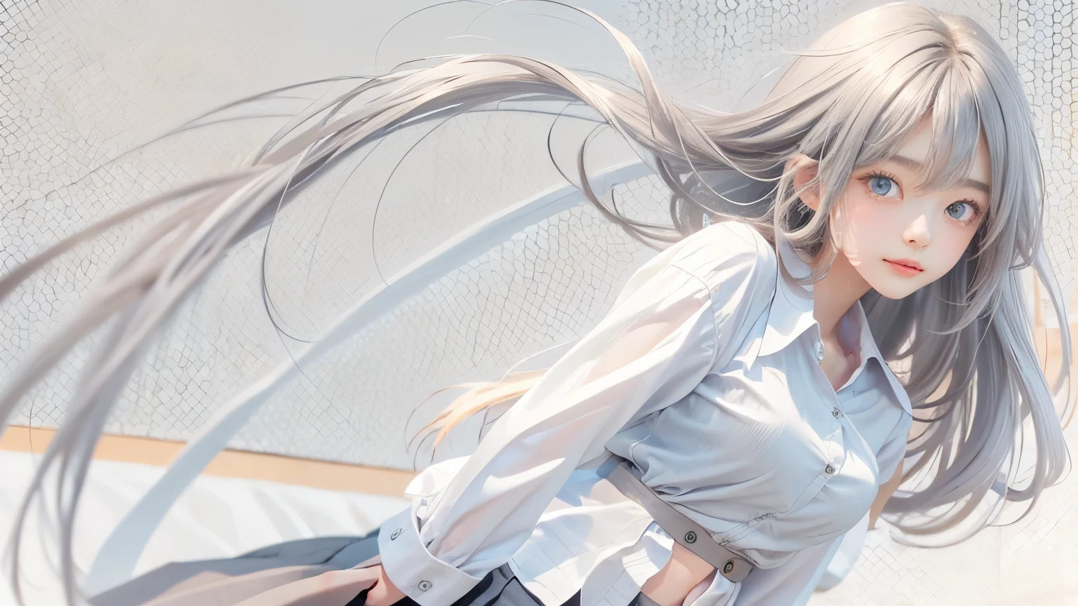 cute face, ((masterpiece, Highest quality)), (One girl), (alone), (Focus on women), (Ahoge, Gray Hair, Very long hair), Golden Eyes, A light smile, Open your mouth, ((White shirt), (Buttoned shirt), (Button gap)), ((Black Skirt), (Short skirt)), Are standing, White Background, Put your arms behind your back, Dynamic Angle,