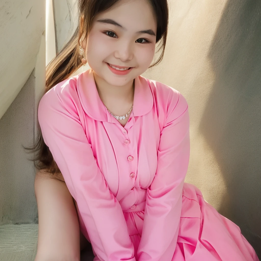 arafed asian girl in a pink dress sitting on a step, young pretty gravure idol, realistic young gravure idol, young gravure idol, cute young girl, young and cute girl, young cute wan asian face, slight cute smile, smiling sweetly, innocent smile, cute kawaii girl, of a youthful girl