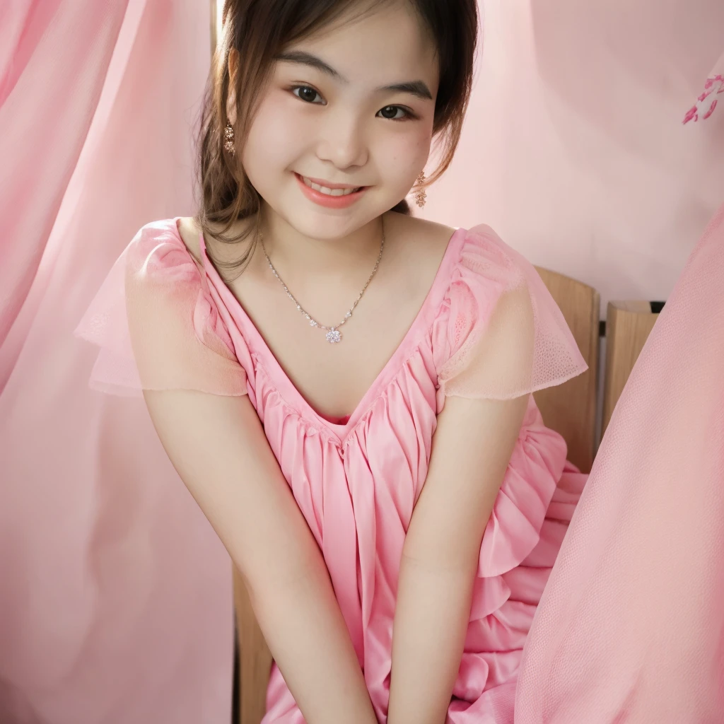 arafed asian girl in a pink dress sitting on a step, young pretty gravure idol, realistic young gravure idol, young gravure idol, cute young girl, young and cute girl, young cute wan asian face, slight cute smile, smiling sweetly, innocent smile, cute kawaii girl, of a youthful girl