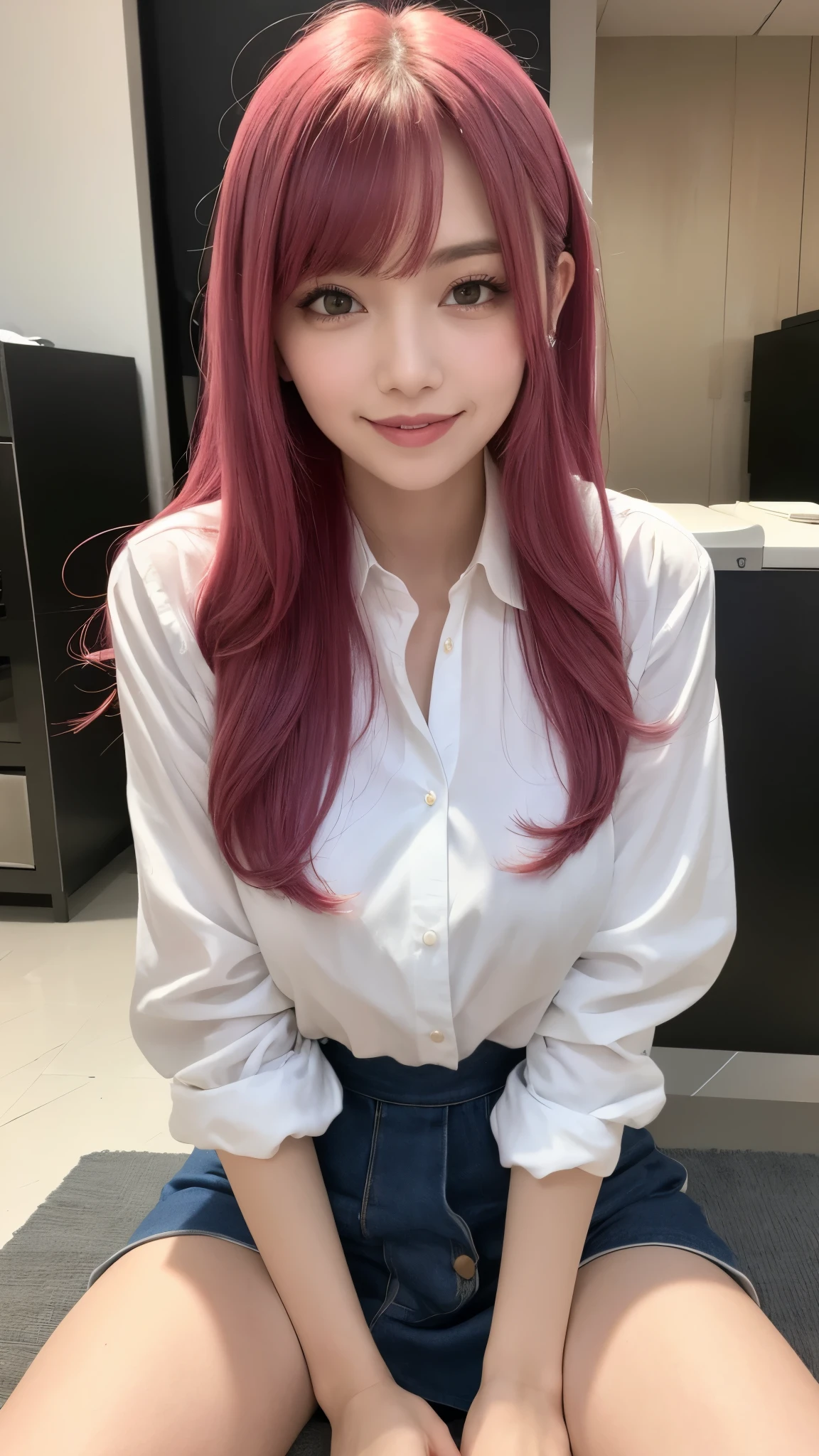 Unbutton your shirt, Show me your naked body, One Girl, Hoshino (Blue Archive), alone, , Heterochromia iridis, Pink Hair, Long Hair, Ahoge, White shirt, Hello, Check pattern skirt, Big Breasts,Show Viewer, Sitting, ID card, Open your mouth, very Long Hair, smile, bangs, Between the legs, hand Between the legs, blush, Hair between the eyes, High resolution,masterpiece, Highest quality,Adjust the proportions of your fingers
