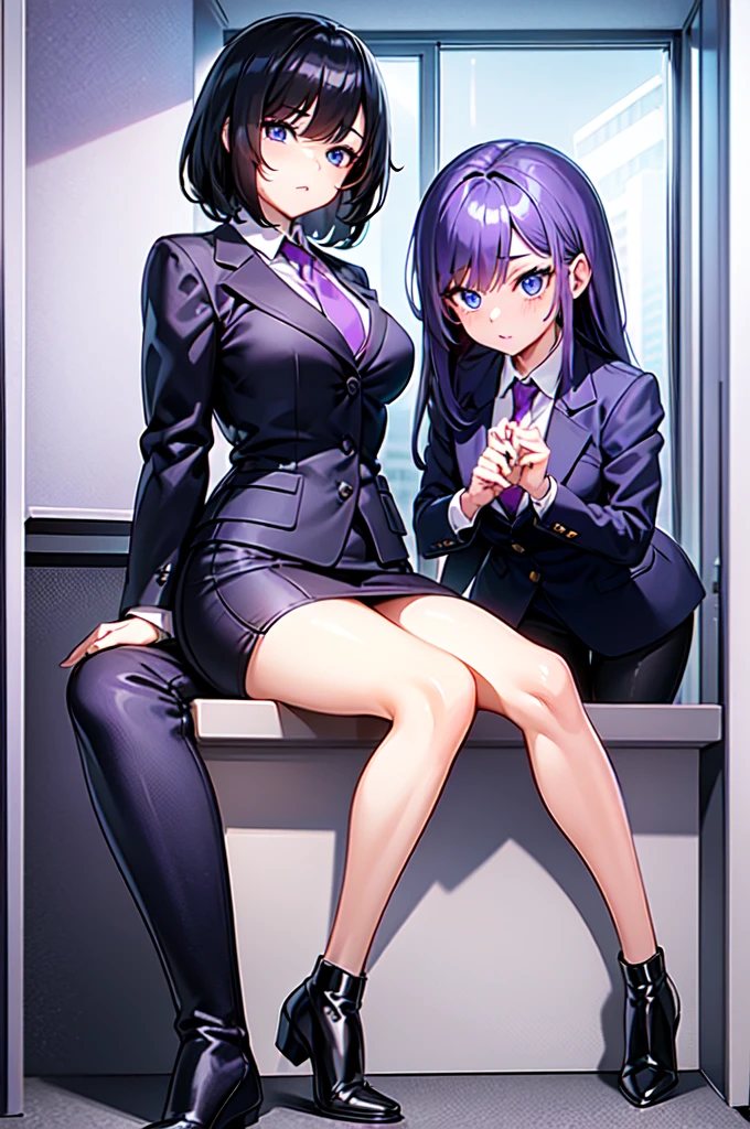 Mature woman with a teacher outfit, black jacket, short leather black skirt, fishnets and black heels, big breasts and long legs, short white hairs, bob cut