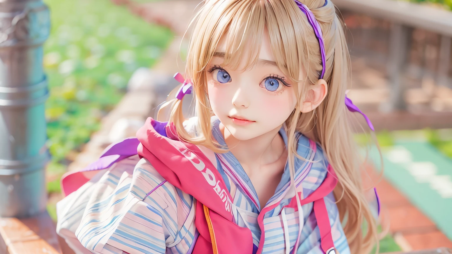 cute face, masterpiece, Highest quality, One girl, alone, Teen, Quarter Japanese, Blonde Hair, Long Hair, Purple eyes, Side-parted bangs, Short bangs, Medium chest, Play sports often, Bloomers, Outdoor, Athletics, Conceit