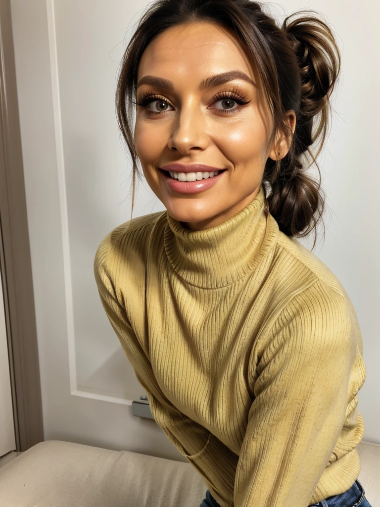 photo of a skinny very old wrinkly-faced faced mature brunette prostitute with fake eyelashes and plump-enhanced lips, messy long hair thrown into a messy bun ponytail. She wears: (turtleneck soft high ribbed super tight sweater:1.1), submissive seductive pose, high tight ribbed neck, seductive smile, perfect fake tits, horny eager granny, mustard yellow clothes