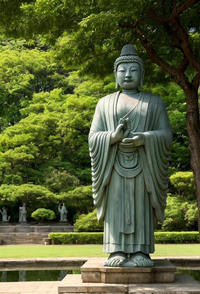 Portrait of a walking Great Buddha, detailed face and hands of the Buddha, slowly walking posture, background of a large Buddhist temple garden, lush trees and a pond, peaceful atmosphere, 8K, hd, highly detailed, realistic, photography, photo realism –ar 9:16 - at 6.0 –s 750