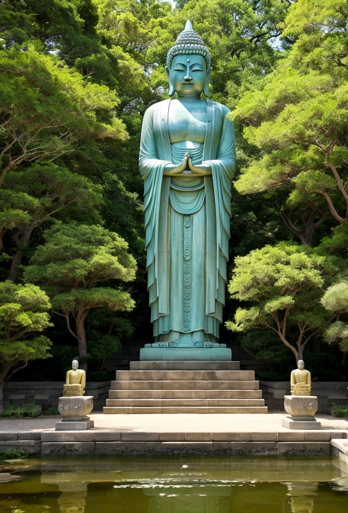 Portrait of a walking Great Buddha, detailed face and hands of the Buddha, slowly walking posture, background of a large Buddhist temple garden, lush trees and a pond, peaceful atmosphere, 8K, hd, highly detailed, realistic, photography, photo realism –ar 9:16 - at 6.0 –s 750