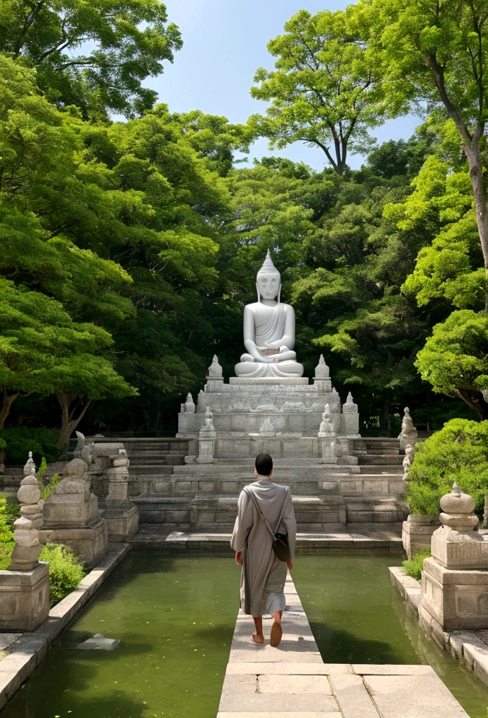 Portrait of a walking Great Buddha, detailed face and hands of the Buddha, slowly walking posture, background of a large Buddhist temple garden, lush trees and a pond, peaceful atmosphere, 8K, hd, highly detailed, realistic, photography, photo realism –ar 9:16 - at 6.0 –s 750