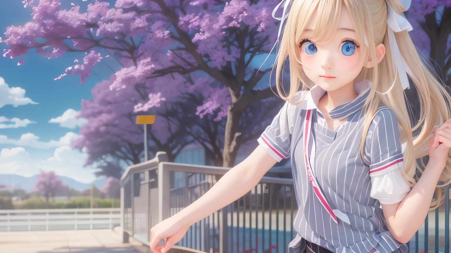 cute face, masterpiece, Highest quality, One girl, alone, , Quarter Japanese, Blonde Hair, Long Hair, Purple eyes, Side-parted bangs, Short bangs, Medium chest, Play sports often, Bloomers, Outdoor, Athletics, Conceit