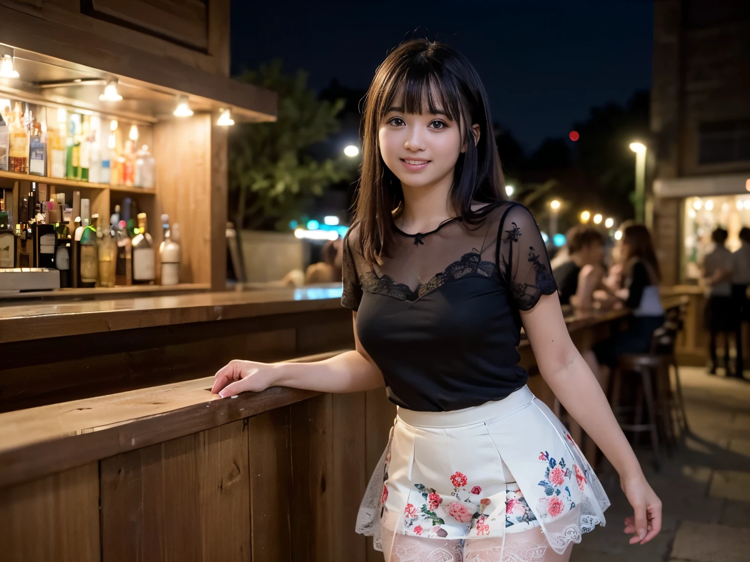 (Highest quality, masterpiece, Ultra-high resolution, 8k, RAW Photos, Realistic, Anatomically correct:1.5), (Stainless steel round bar fence:1.0, Put your elbow on the fence:1.2, high school girl、20-year-old girl:1.2, Embarrassing, avert your eyes, blush:1.0, View Viewer, ((bar)) 、Night view、 Light:1.2, Bokeh, Cinema Lighting:1.0, Depth of written boundary, sharp、 Cute face、Idol、Black short sleeve lace top、Black tulle skirt、Black clothing、”dwarf”、(Floral clothes)、Full Body Shot、Cowboy Shot、 smile、(Short Cut)、(Straight bangs)、