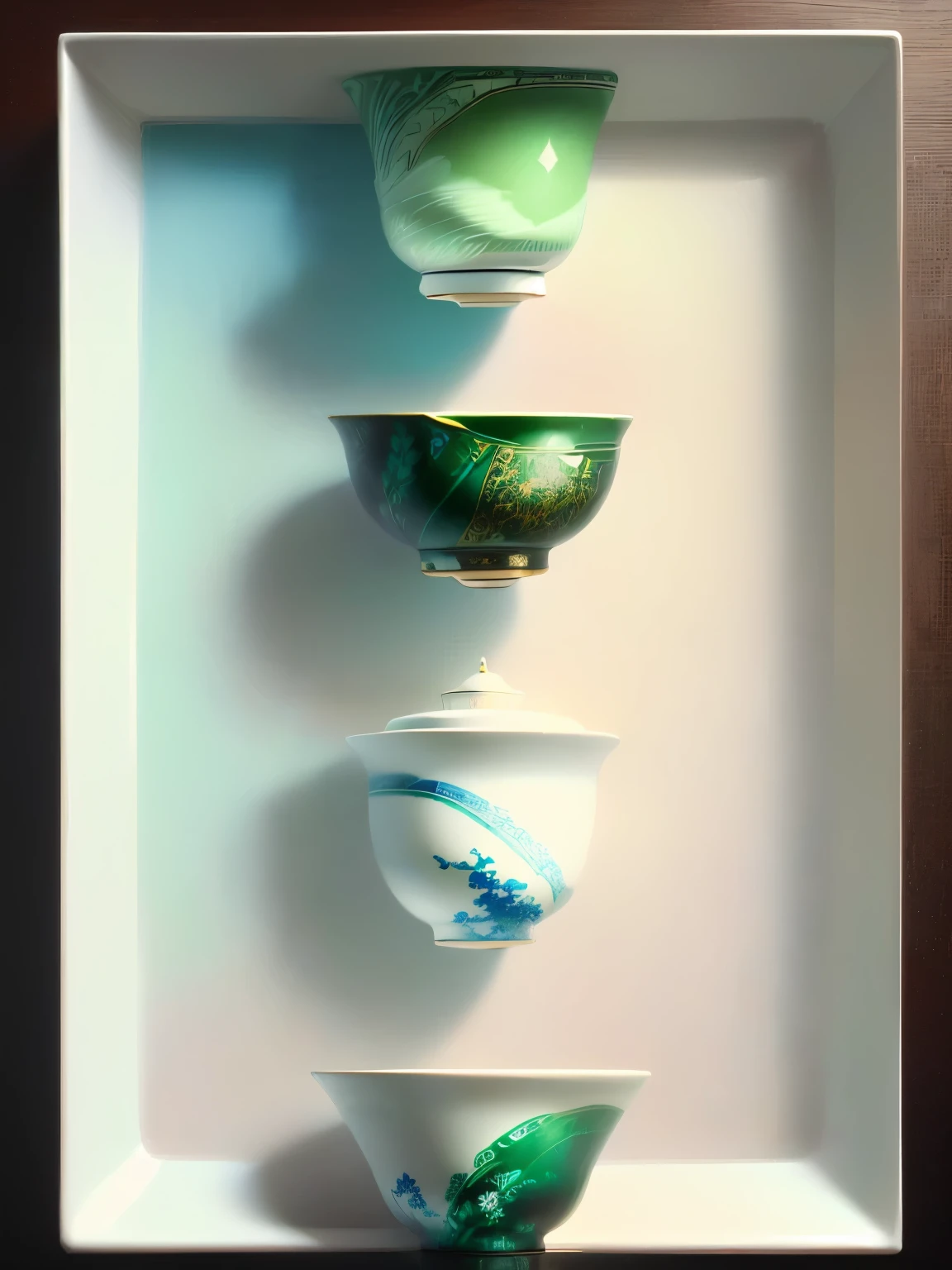 a white bowl, green and blue colors, close-up detailed photo, minimalist illustration, tea leaves, tea culture, solid green background, ultra-detailed, high quality, masterpiece, realistic, vibrant colors, natural lighting