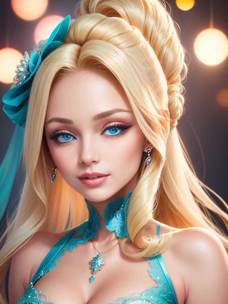 Bright and glamorous portrait of a Barbie doll with impeccable details., capture her elegance and charm in high definition computer graphics.. Radiant and flawless, the doll has a stylish outfit, stunning blue eyes, and perfectly styled (blonde hair:1.2). Soft lighting enhances its beauty., and a slight shine adds a touch of magic. On a dreamy background, filled with pastel colors and delicate colors., The composition creates a whimsical and enchanting atmosphere.