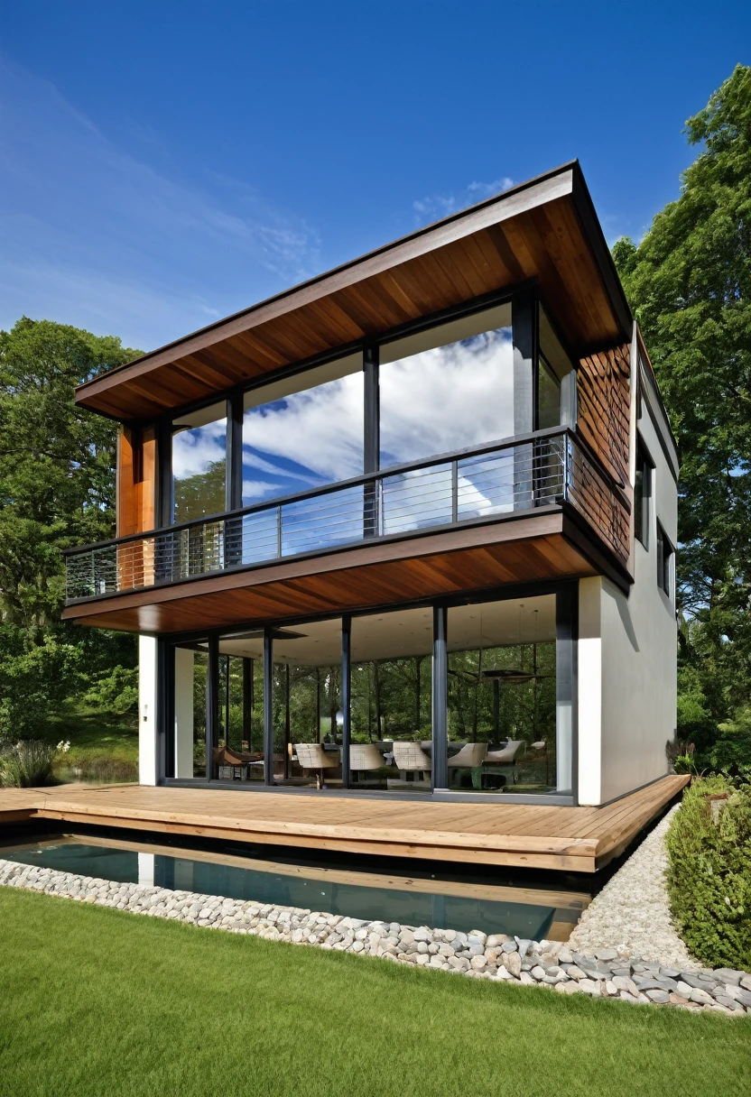 contemporary house with steel, wood and concrete structure, (brise-brise style windows::3), deck overlooking a large duck pond