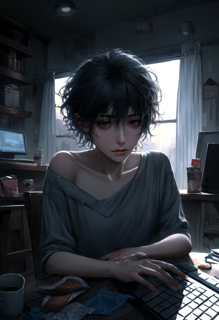 (Pushed down,skinny) Chinese adult male, (Computer Addict:1.1), Sitting in a dimly lit room, (Crouch in front of the screen:1.1), (Dark circles under his eyes:1.1), (Disheveled Hair), (Worried look), (Pale complexion), (Empty takeaway box on a desk), (Junk food wrappers piled up on the floor), (A messy room with cluttered shelves), (Dim flickering light bulb), (Dark Shadows), (Dull color palette:0.9), (Subtle blue and grey tones), (Glowing computer screen), (Keyboard and mouse on a desk), (Empty coffee cup), (Disheveled clothes), (Worn out chair), (A window with curtains closed and barely visible), (Stagnant air), (Pensive mood), (Mental fatigue). (Highest quality,High resolution:1.2), (Super detailed:1.1), (Realistic:1.37), (High resolution:0.9), (Vibrant colors), (Studio Lighting), (Strong bokeh effect).