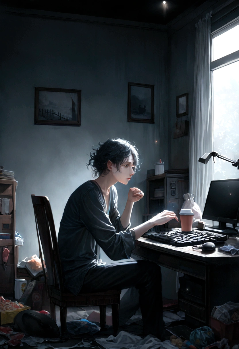 (Pushed down,skinny) Chinese adult male, (Computer Addict:1.1), Sitting in a dimly lit room, (Crouch in front of the screen:1.1), (Dark circles under his eyes:1.1), (Disheveled Hair), (Worried look), (Pale complexion), (Empty takeaway box on a desk), (Junk food wrappers piled up on the floor), (A messy room with cluttered shelves), (Dim flickering light bulb), (Dark Shadows), (Dull color palette:0.9), (Subtle blue and grey tones), (Glowing computer screen), (Keyboard and mouse on a desk), (Empty coffee cup), (Disheveled clothes), (Worn out chair), (A window with curtains closed and barely visible), (Stagnant air), (Pensive mood), (Mental fatigue). (Highest quality,High resolution:1.2), (Super detailed:1.1), (Realistic:1.37), (High resolution:0.9), (Vibrant colors), (Studio Lighting), (Strong bokeh effect).