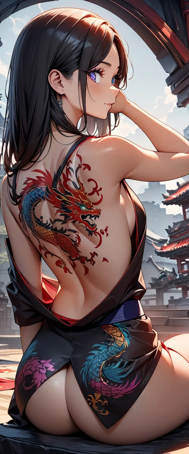 (highest quality:1.2, Very detailed, Latest, Vibrant, Ultra-high resolution, High Contrast, masterpiece:1.2, highest quality, Best aesthetics), (((1 girl))), From the back, big dragon tattoo on back, Tattoo on back, Beautiful nudes, Beautiful back, Pull up your hair, Nape, Detailed tattoo representation, Colorful tattoo dragon, Fine image, A woman with a slender body, The kimono is fluttering, Beautiful Skin, (Detailed Eye Expression:1.2), Beautiful woman looking back, Sitting, Cowboy Shot, Black Hair, Long Hair, Dutch Angle,