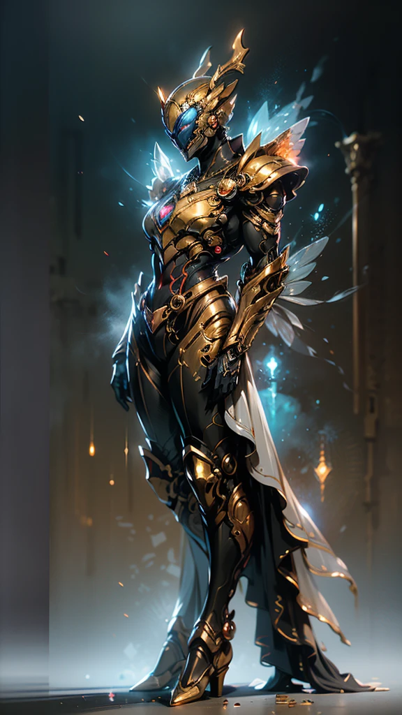 A woman adorned in fantasy-style full-body armor, a crown-concept fully enclosed helmet that unveils only her eyes, a composite layered chest plate, fully encompassing shoulder and hand guards, a lightweight waist armor, form-fitting shin guards, the overall design is heavy-duty yet flexible, (the armor gleams with a golden glow, complemented by red and blue accents), exhibiting a noble aura, she floats above a fantasy-surreal high-tech city, this character embodies a finely crafted fantasy-surreal style armored hero in anime style, exquisite and mature manga art style, (mixture of Queen bee and Spider concept Armor, plasma), ((Element, elegant, goddess, femminine:1.5)), metallic, high definition, best quality, highres, ultra-detailed, ultra-fine painting, extremely delicate, professional, anatomically correct, symmetrical face, extremely detailed eyes and face, high quality eyes, creativity, RAW photo, UHD, 32k, Natural light, cinematic lighting, masterpiece-anatomy-perfect, masterpiece:1.5