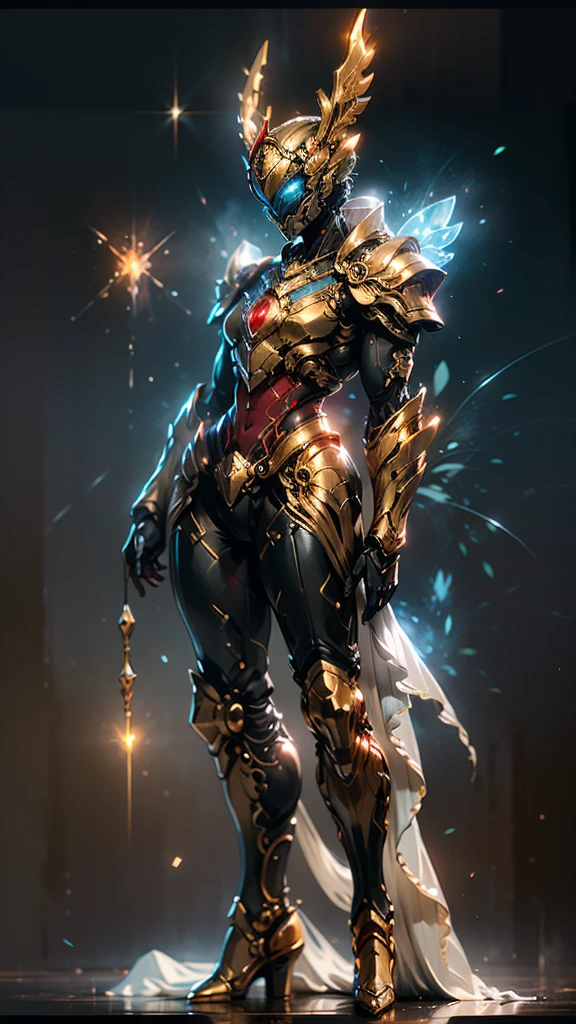 A woman adorned in fantasy-style full-body armor, a crown-concept fully enclosed helmet that unveils only her eyes, a composite layered chest plate, fully encompassing shoulder and hand guards, a lightweight waist armor, form-fitting shin guards, the overall design is heavy-duty yet flexible, (the armor gleams with a golden glow, complemented by red and blue accents), exhibiting a noble aura, she floats above a fantasy-surreal high-tech city, this character embodies a finely crafted fantasy-surreal style armored hero in anime style, exquisite and mature manga art style, (mixture of Queen bee and Spider concept Armor, plasma), ((Element, elegant, goddess, femminine:1.5)), metallic, high definition, best quality, highres, ultra-detailed, ultra-fine painting, extremely delicate, professional, anatomically correct, symmetrical face, extremely detailed eyes and face, high quality eyes, creativity, RAW photo, UHD, 32k, Natural light, cinematic lighting, masterpiece-anatomy-perfect, masterpiece:1.5