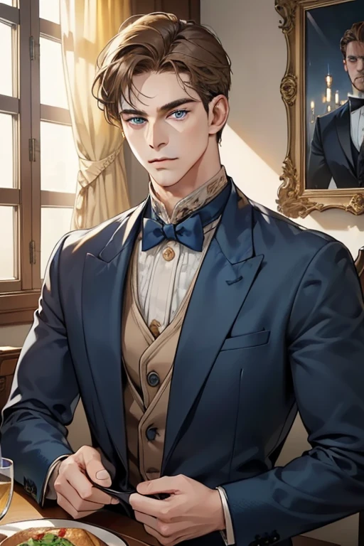 masterpiece, best quality, realistic, 1man, mature male, quiet and charming  man, 37 years old, look serious, closed mouth, portrait, extremely detailed face, soft smile, ((dark grey blue eyes)), ((short-left-swept dark brunette golden hair)), [thick eyebrows], dining room ((blue suit))