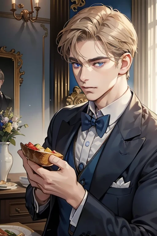 masterpiece, best quality, realistic, 1man, mature male, quiet and charming  man, 37 years old, look serious, closed mouth, portrait, extremely detailed face, soft smile, ((dark grey blue eyes)), ((short-left-swept dark brunette golden hair)), [thick eyebrows], dining room ((blue suit))