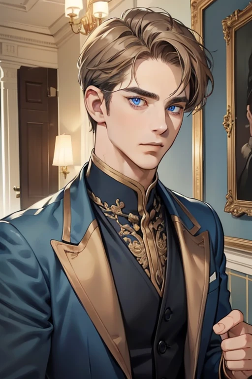 masterpiece, best quality, realistic, 1man, mature male, quiet and charming  man, 37 years old, look serious, closed mouth, portrait, extremely detailed face, soft smile, ((dark grey blue eyes)), ((short-left-swept dark brunette golden hair)), [thick eyebrows], dining room ((blue suit))
