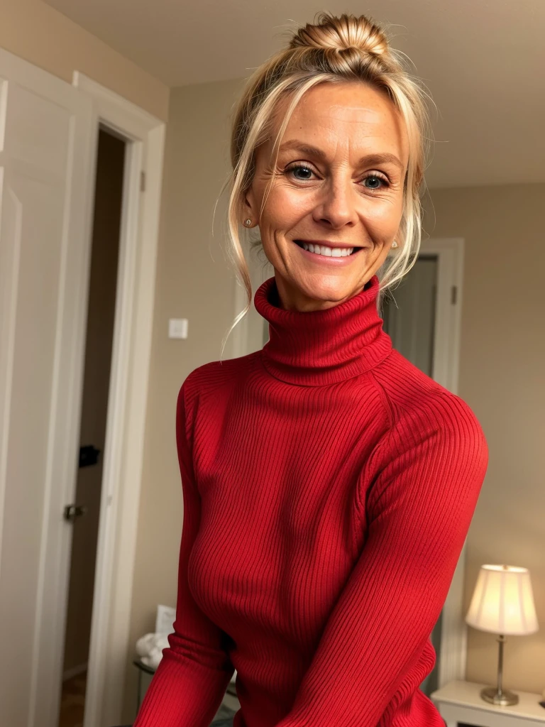 photo of a skinny very old wrinkly-faced faced mature blonde messy long hair thrown into a messy bun ponytail. She wears: (turtleneck soft high ribbed bright red super tight sweater:1.1), submissive seductive pose, high tight ribbed neck, seductive smile, perfect fake tits, horny eager granny, teasing sexy old lady