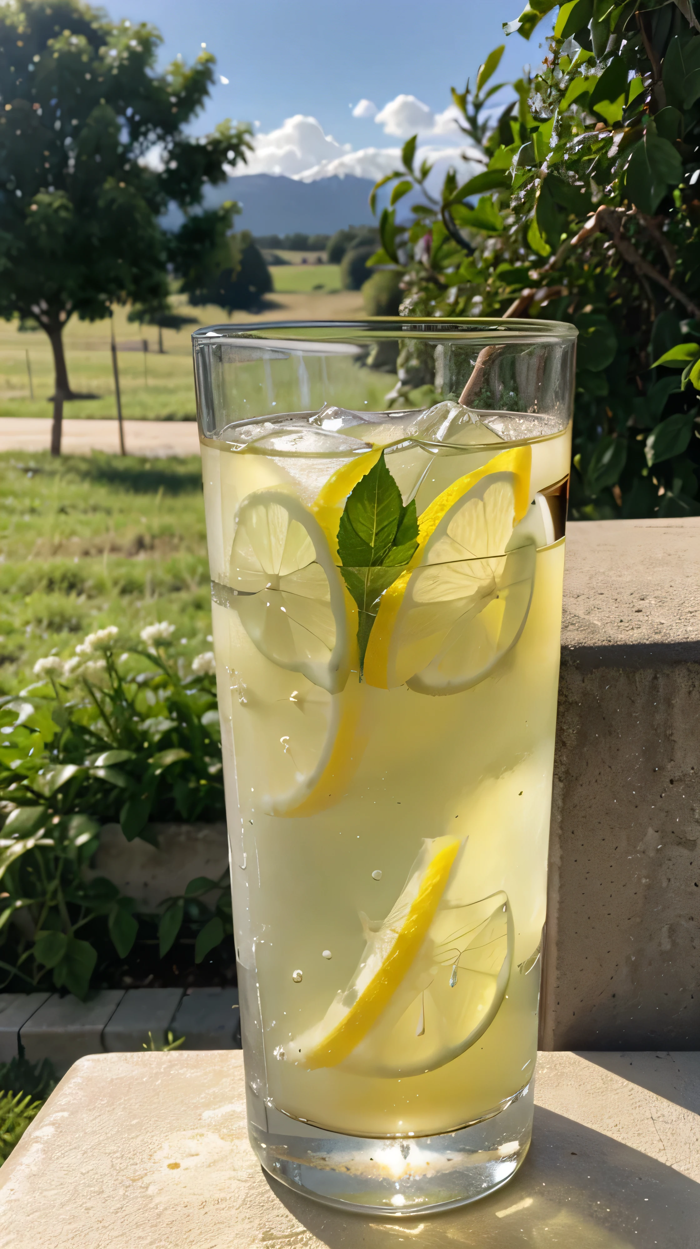 a glass of lemon water , kept on a wall , a grassland in background
