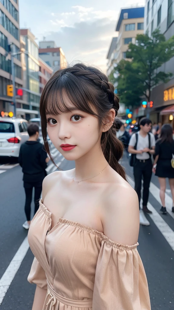 a woman posing on the street corner with orange dress on, Highest quality, 1peopleの女の子, Large Breasts, Day, bright, Blur the background, Bokeh, Outdoor, (street:0.8), (people々, crowd:0.8), (Off-the-shoulder dress:1.2), nice, (Braided bangs:1.2), Beautifully detailed skies, (Dynamic pose:1.2), Soft lighting, Wind, Shiny skin, (Upper Body:0.8), (freckles:0.8), Mole under the mouth,