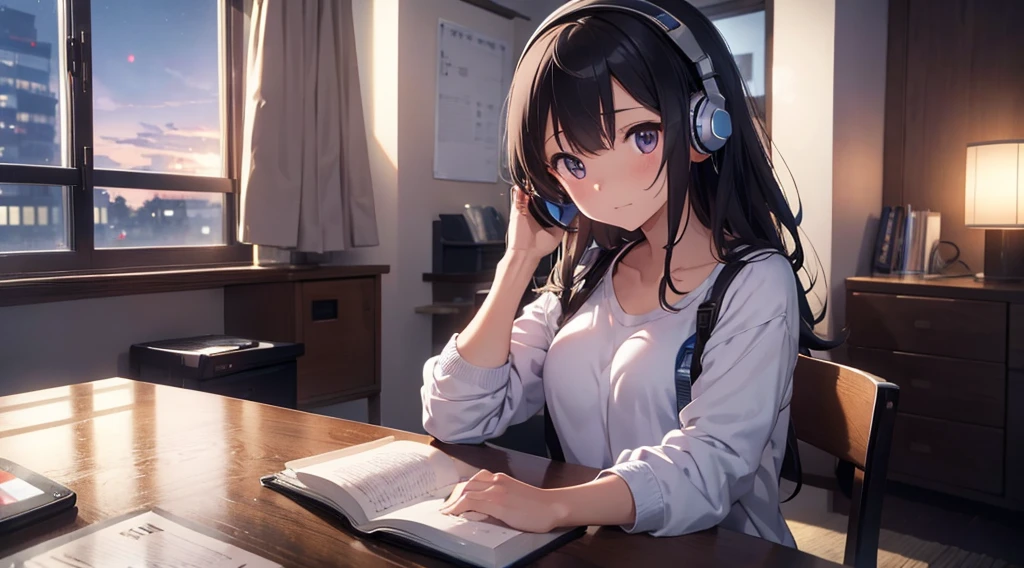 midnight、A beautiful girl in casual clothes studying while listening to music with headphones in her room。Dim lighting。Outside the room, there are many tall buildings.。Japanese anime style。