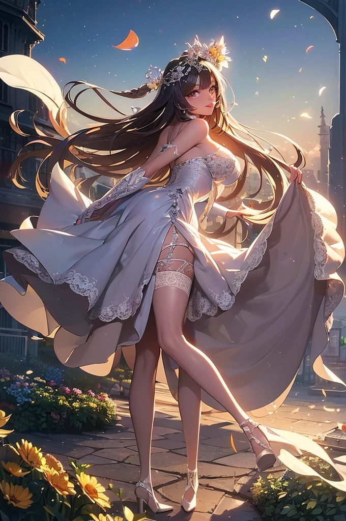 An illustration,masterpiece,girl,longhair,black hair,fine eyes,cleavage,Large breasts,(erotic face),nighttime in the city, white silk dress,(show your back),(look forward),bare shoulders,((whole body:1.3)),((white high heels:1.1)),brown eyes,(small sparkling earrings),Mouth closing,{Depth of bounds written},(particles of light:1.1)